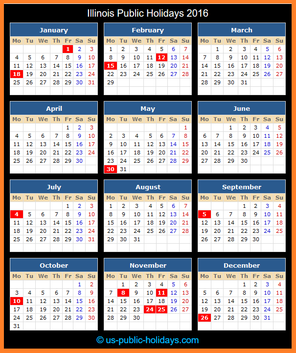 Illinois Holiday Calendar 2016